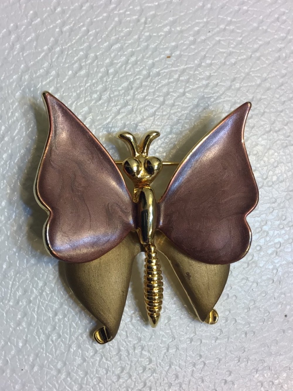 Vintage Enameled Purple Swirl Wings Layered Gold Tone Butterfly Brooch Pin